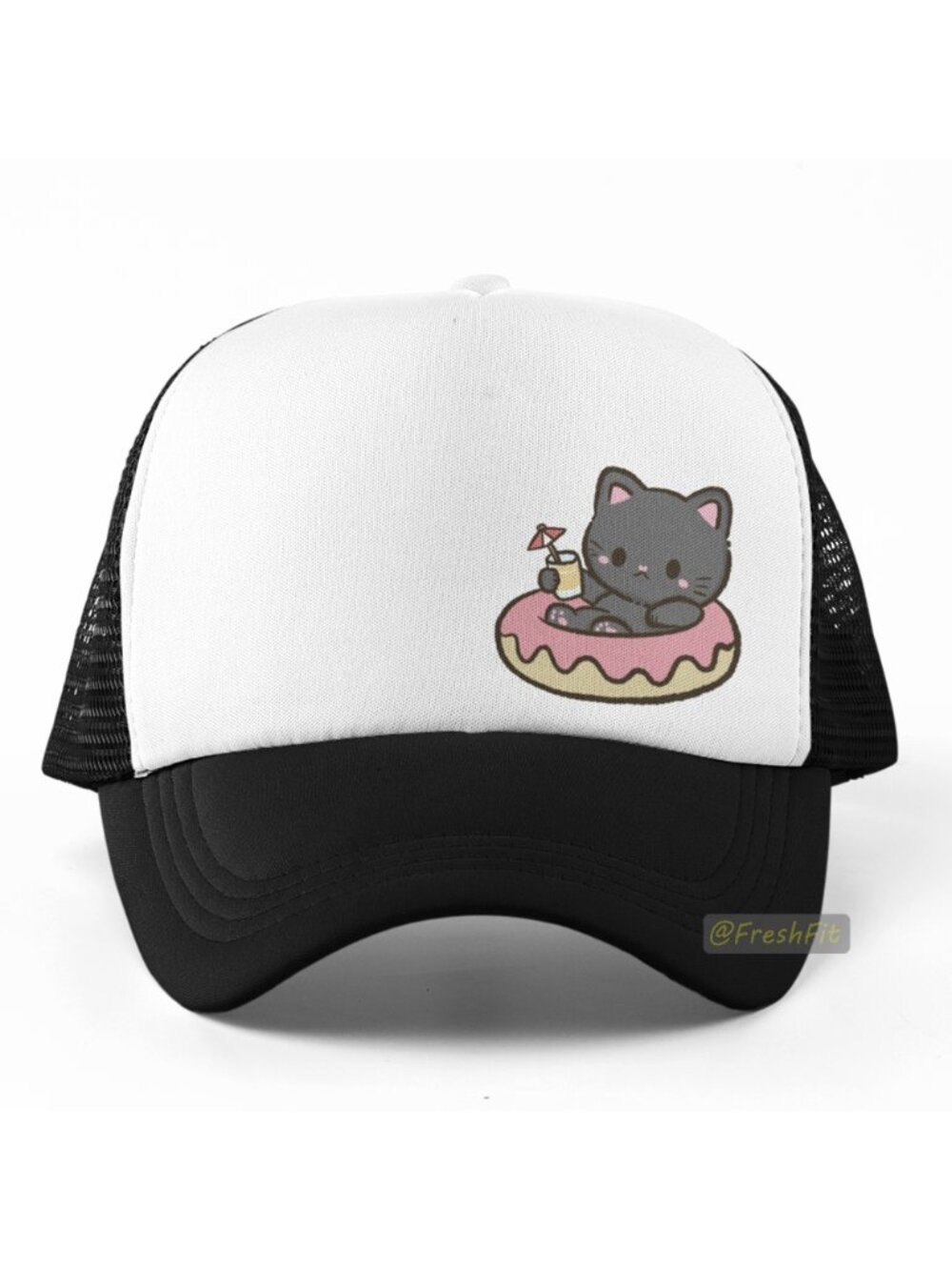 🆕Kawaii Black Cat In Pool Float Foam Trucker Hat Mesh Snapback Cap Black/White